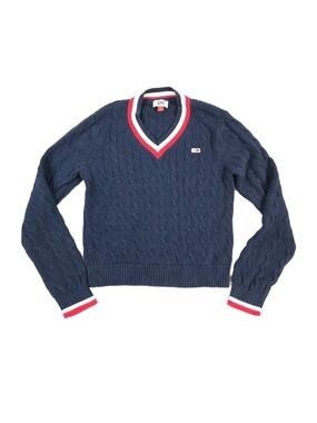 Tommy Hilfiger Navy Cable Knit V-Neck Sweater with Red & White Trim Tennis Prepp